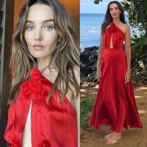 NWT Doen Lilaia Silk Rosette Rose Halter Maxi Dress Gown Fiery Coral Red